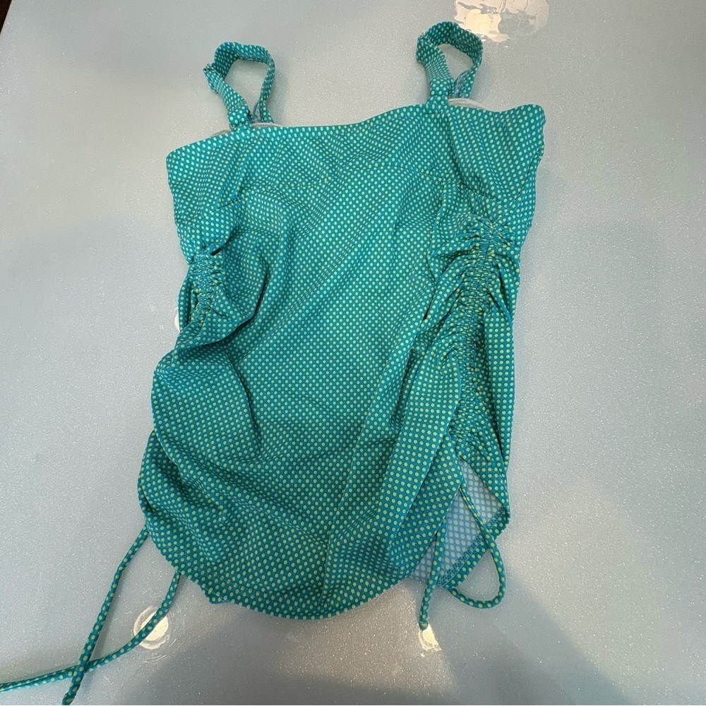 Prego Swimsuit Tank Top Teal Lime Green Polka Dots Cinch On Sides Made In USA - Picture 10 of 10